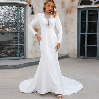 Mermaid Satin Wedding Dress with V Neck and Long Sleeves - Rosymae