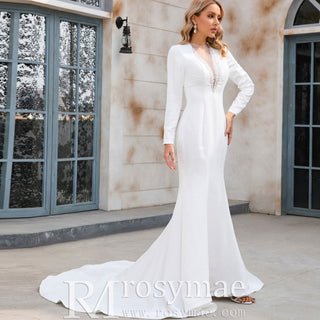 Mermaid Satin Wedding Dress with V Neck and Long Sleeves - Rosymae