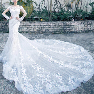Sheer Long Sleeve Mermaid Wedding Dress with Lace Covered