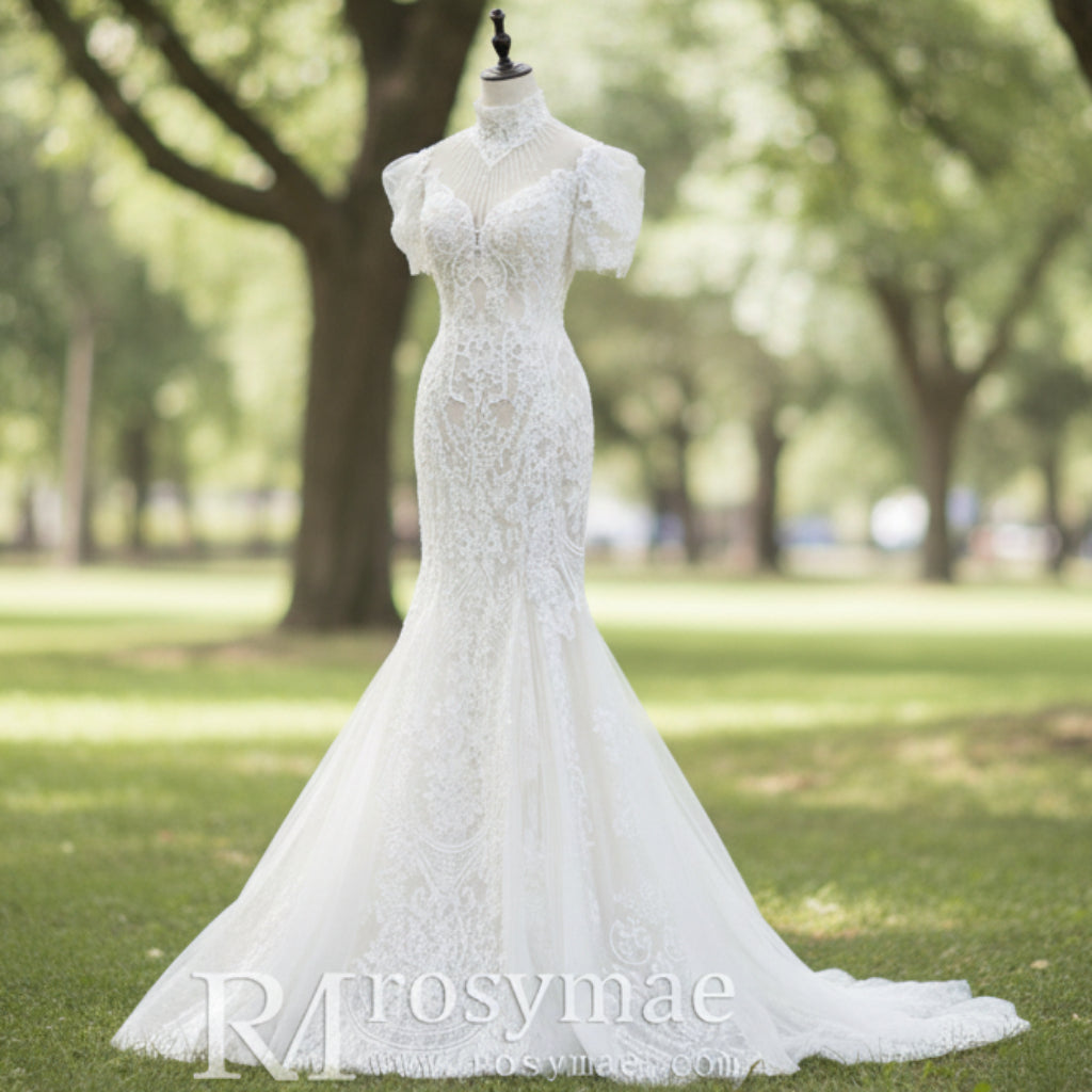 O-Neck Trumpet Lace Keyhole Wedding Dress with Short Puffy Sleeve Rosymae O-Neck Trumpet Lace Keyhole Wedding Dress with Short Puffy Sleeve Rosymae