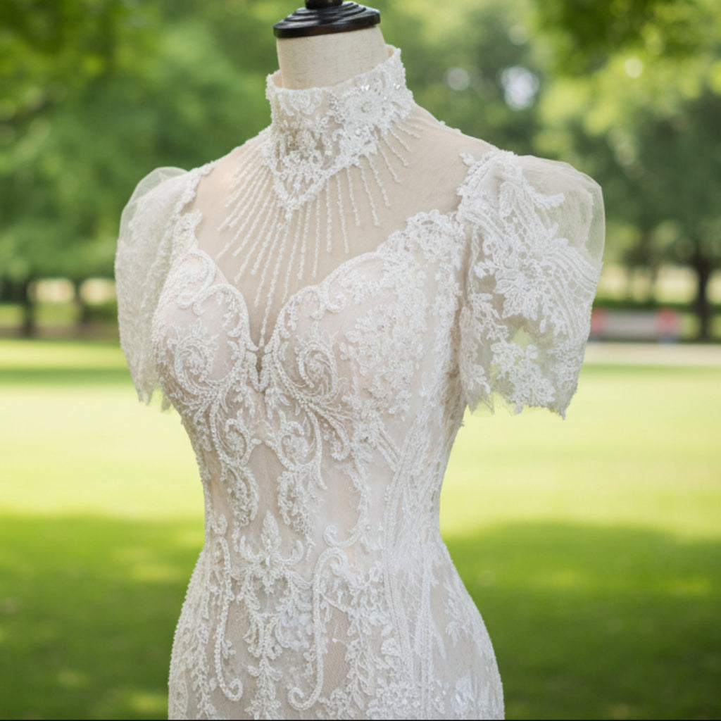 O-Neck Trumpet Lace Keyhole Wedding Dress with Short Puffy Sleeve Rosymae O-Neck Trumpet Lace Keyhole Wedding Dress with Short Puffy Sleeve Rosymae