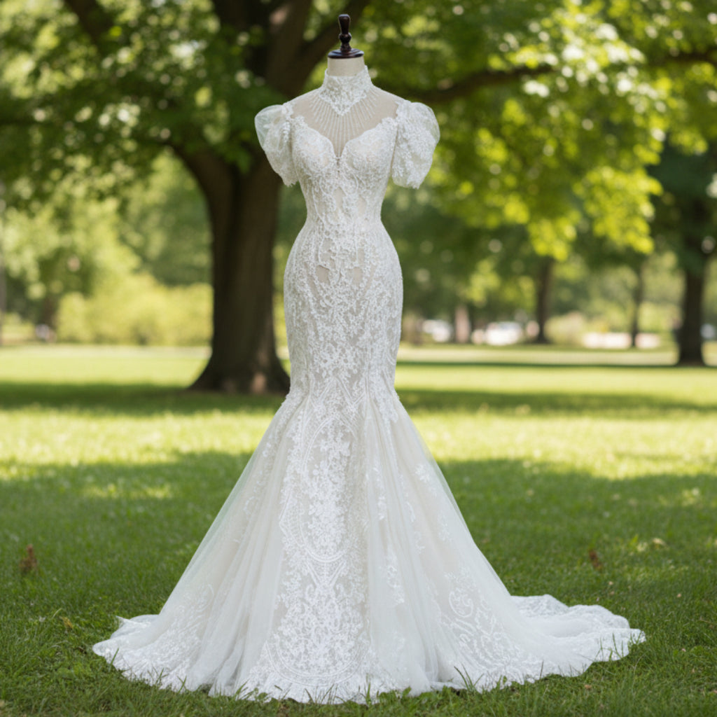 high neck short sleeve wedding dress O-Neck Trumpet Lace Keyhole Wedding Dress with Short Puffy Sleeve White / 10