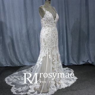 Mermaid Spaghetti Straps Beach Wedding Gowns V Neck Dresses - Rosymae