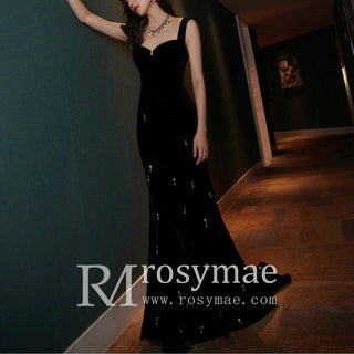 Women's Mermaid Black Formal Prom Dress with Wide Straps