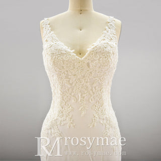 Mermaid V-neck Tank Straps Wedding Dress with Open Back - Rosymae