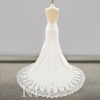 Mermaid V-neck Tank Straps Wedding Dress with Open Back - Rosymae