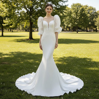 Mermaid Wedding Dress with Detachable Lantern Half Sleeves - Rosymae