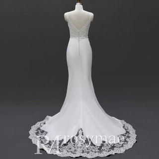 Romantic Lace Mermaid Wedding Dress Double V with Tank Sleeve