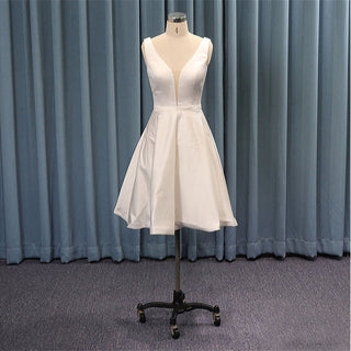 Mid Knee Length Simple Satin Wedding Dresses V Neckline - Rosymae