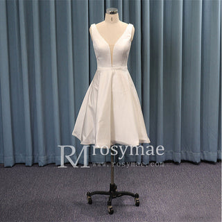 Mid Knee Length Simple Satin Wedding Dresses V Neckline - Rosymae