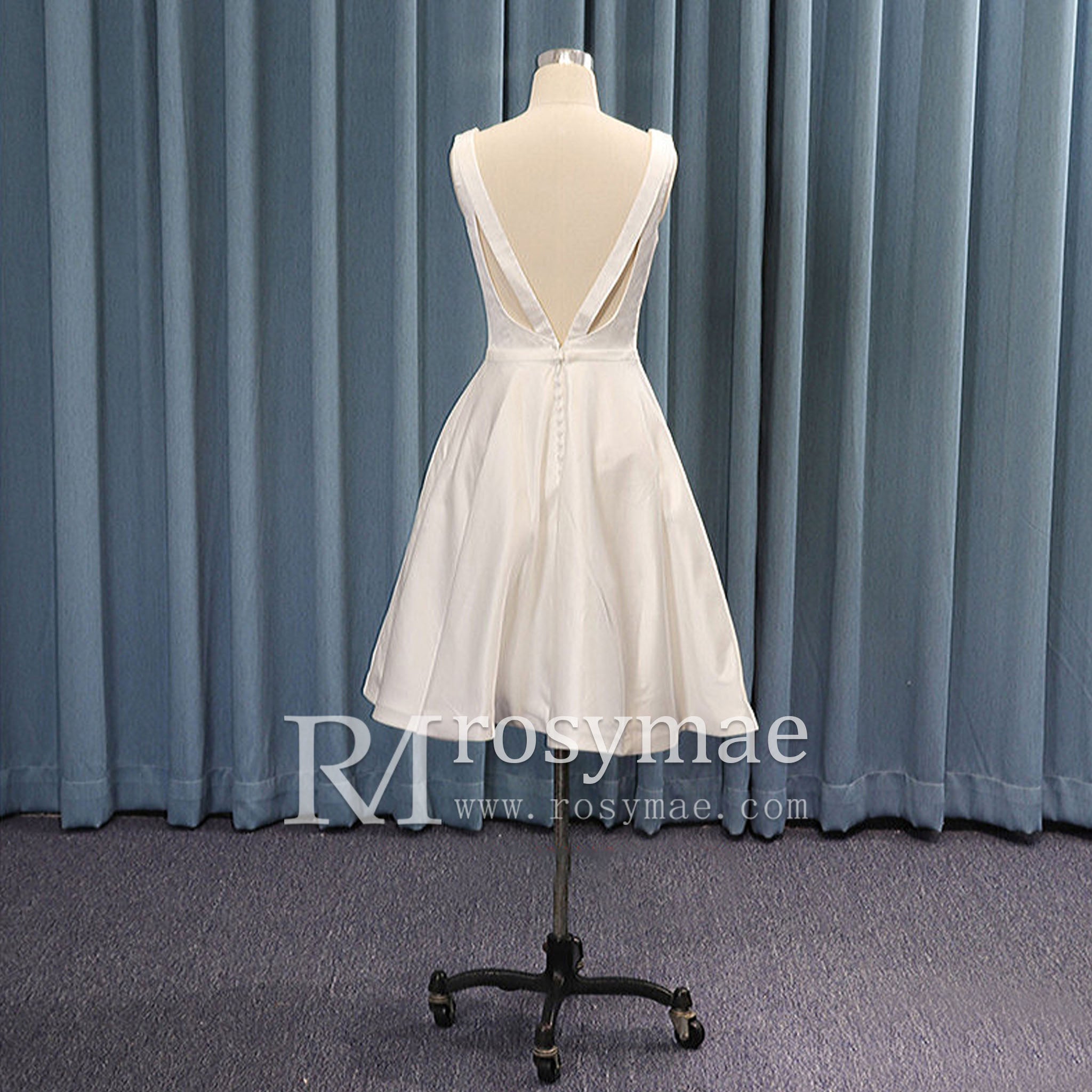 Mid Knee Length Simple Satin Wedding Dresses V Neckline - Rosymae