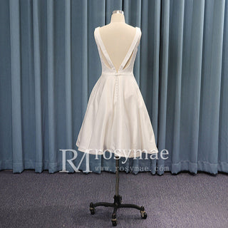Mid Knee Length Simple Satin Wedding Dresses V Neckline - Rosymae