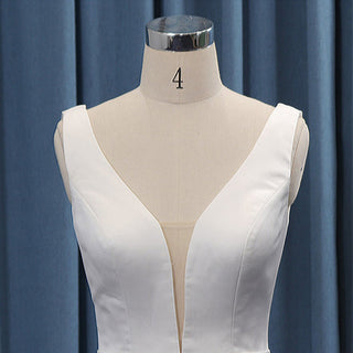 Mid Knee Length Simple Satin Wedding Dresses V Neckline - Rosymae