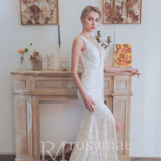Middle Split Wedding Gown Dress with Illusion Deep V Neck - Rosymae
