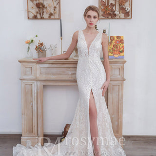 Middle Split Wedding Gown Dress with Illusion Deep V Neck - Rosymae