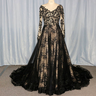 Mix Black Champagne Bride Wedding Dress with Long Sleeve - Rosymae