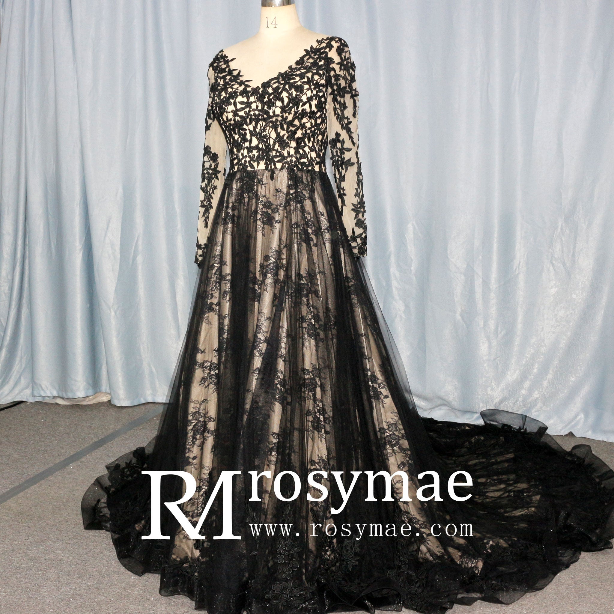 Mix Black Champagne Bride Wedding Dress with Long Sleeve - Rosymae