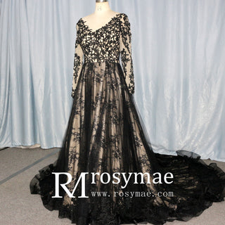 Mix Black Champagne Bride Wedding Dress with Long Sleeve - Rosymae