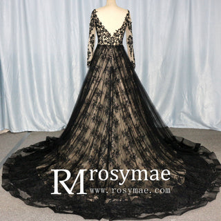 Mix Black Champagne Bride Wedding Dress with Long Sleeve - Rosymae