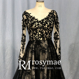 Mix Black Champagne Bride Wedding Dress with Long Sleeve - Rosymae