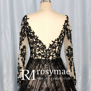 Mix Black Champagne Bride Wedding Dress with Long Sleeve - Rosymae