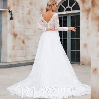 Modern Sheer Bodice A-line V-neck Lace Wedding Dress with Long Sleeves - Rosymae