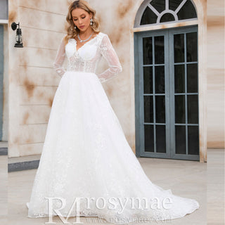 Modern Sheer Bodice A-line V-neck Lace Wedding Dress with Long Sleeves - Rosymae