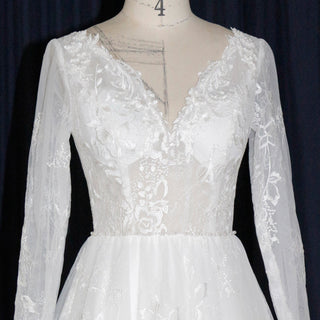 Modern Sheer Bodice A-line V-neck Lace Wedding Dress with Long Sleeves - Rosymae
