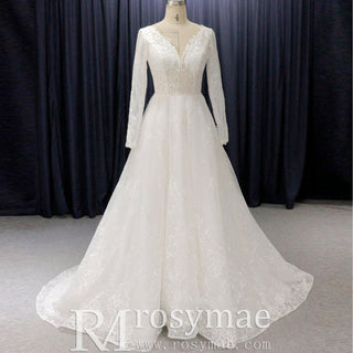 Modern Sheer Bodice A-line V-neck Lace Wedding Dress with Long Sleeves - Rosymae