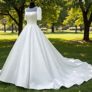Modest Half Sleeve Satin Wedding Dresses Bridal Gown for Women - Rosymae