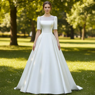 Modest Half Sleeve Satin Wedding Dresses Bridal Gown for Women - Rosymae