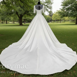 Modest Half Sleeve Satin Wedding Dresses Bridal Gown for Women - Rosymae