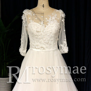 Modest Illusion A Line Wedding Dresses & Gowns with 3/4 Sleeves - Rosymae