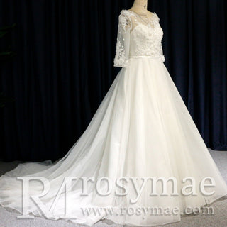 Modest Illusion A Line Wedding Dresses & Gowns with 3/4 Sleeves - Rosymae