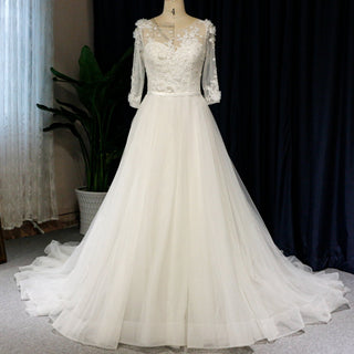 Modest Illusion A Line Wedding Dresses & Gowns with 3/4 Sleeves - Rosymae