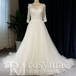 Modest Illusion A Line Wedding Dresses & Gowns with 3/4 Sleeves - Rosymae