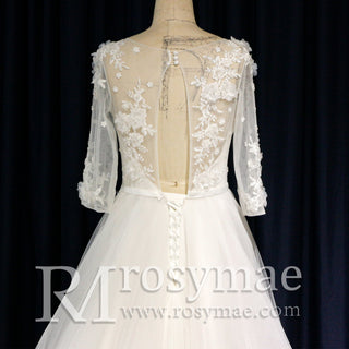 Modest Illusion A Line Wedding Dresses & Gowns with 3/4 Sleeves - Rosymae