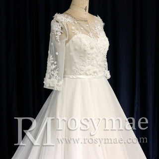 Modest Illusion A Line Wedding Dresses & Gowns with 3/4 Sleeves - Rosymae