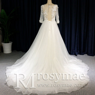 Modest Illusion A Line Wedding Dresses & Gowns with 3/4 Sleeves - Rosymae