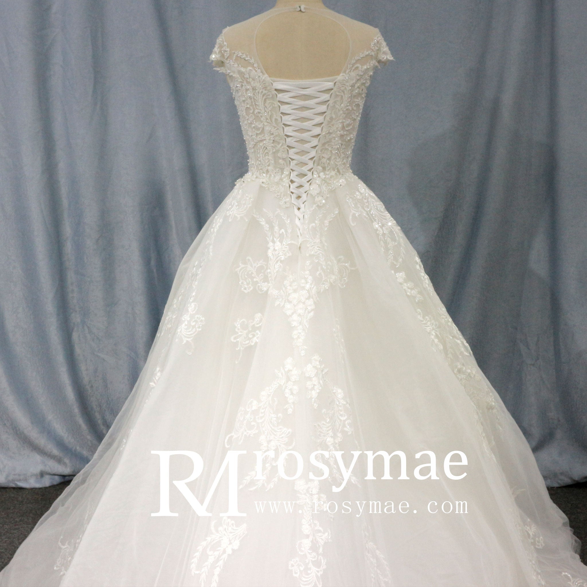 Modest Lace Ball Gown Wedding Dress with Cap Sleeves - Rosymae