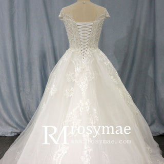 Modest Lace Ball Gown Wedding Dress with Cap Sleeves - Rosymae