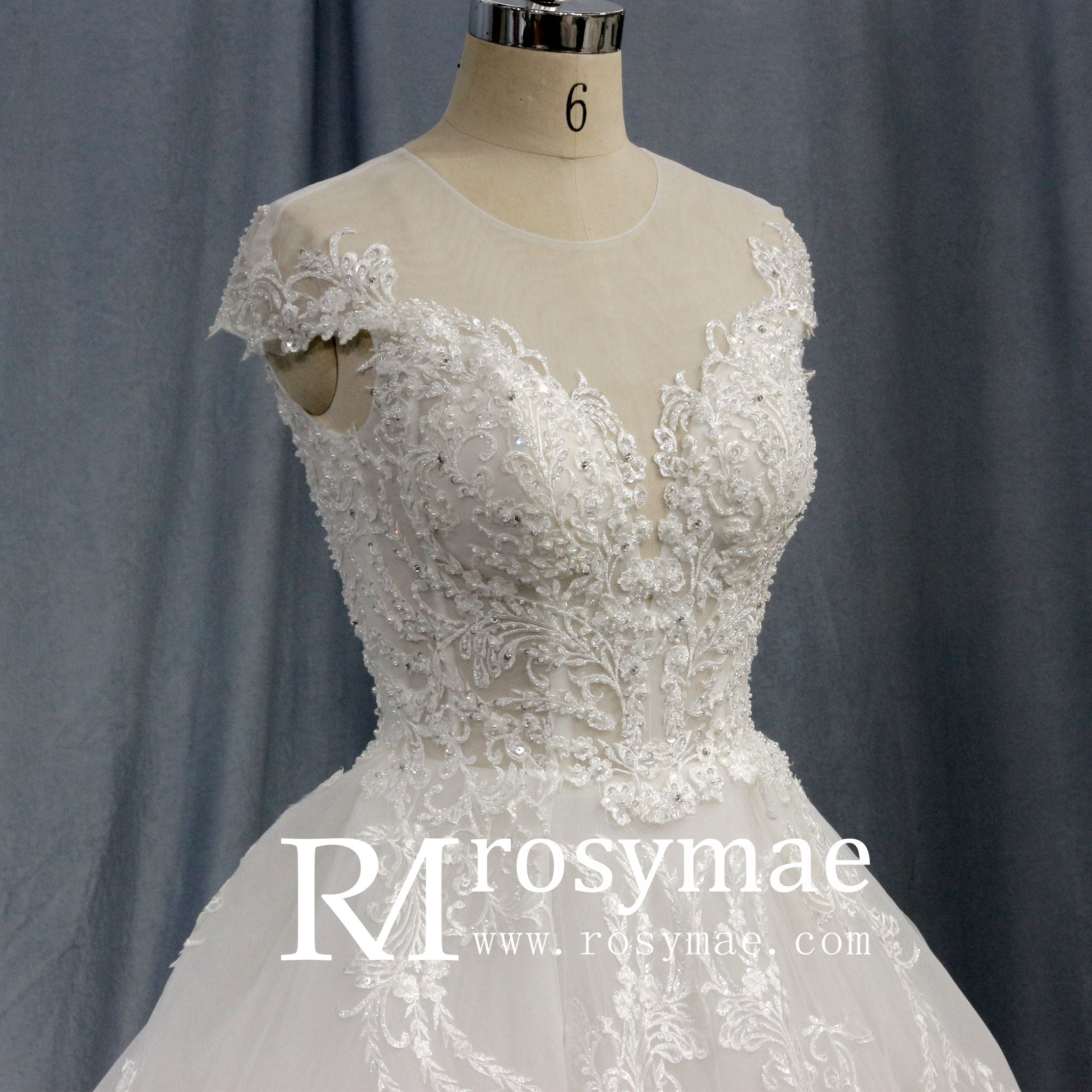 Modest Lace Ball Gown Wedding Dress with Cap Sleeves - Rosymae