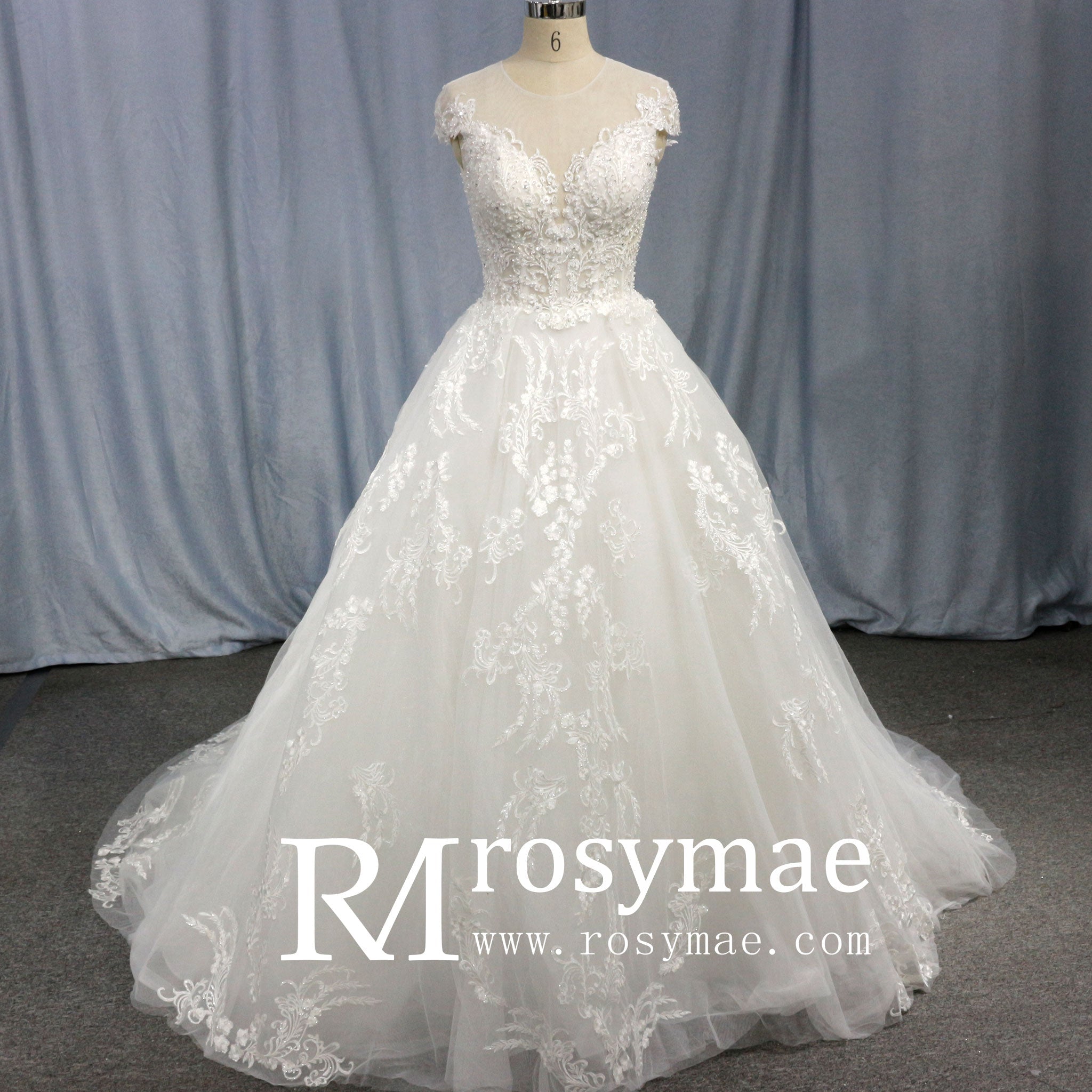 Modest Lace Ball Gown Wedding Dress with Cap Sleeves - Rosymae