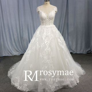 Modest Lace Ball Gown Wedding Dress with Cap Sleeves - Rosymae