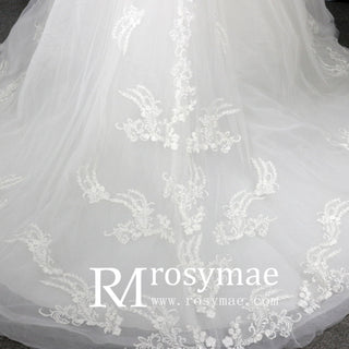Modest Lace Ball Gown Wedding Dress with Cap Sleeves - Rosymae