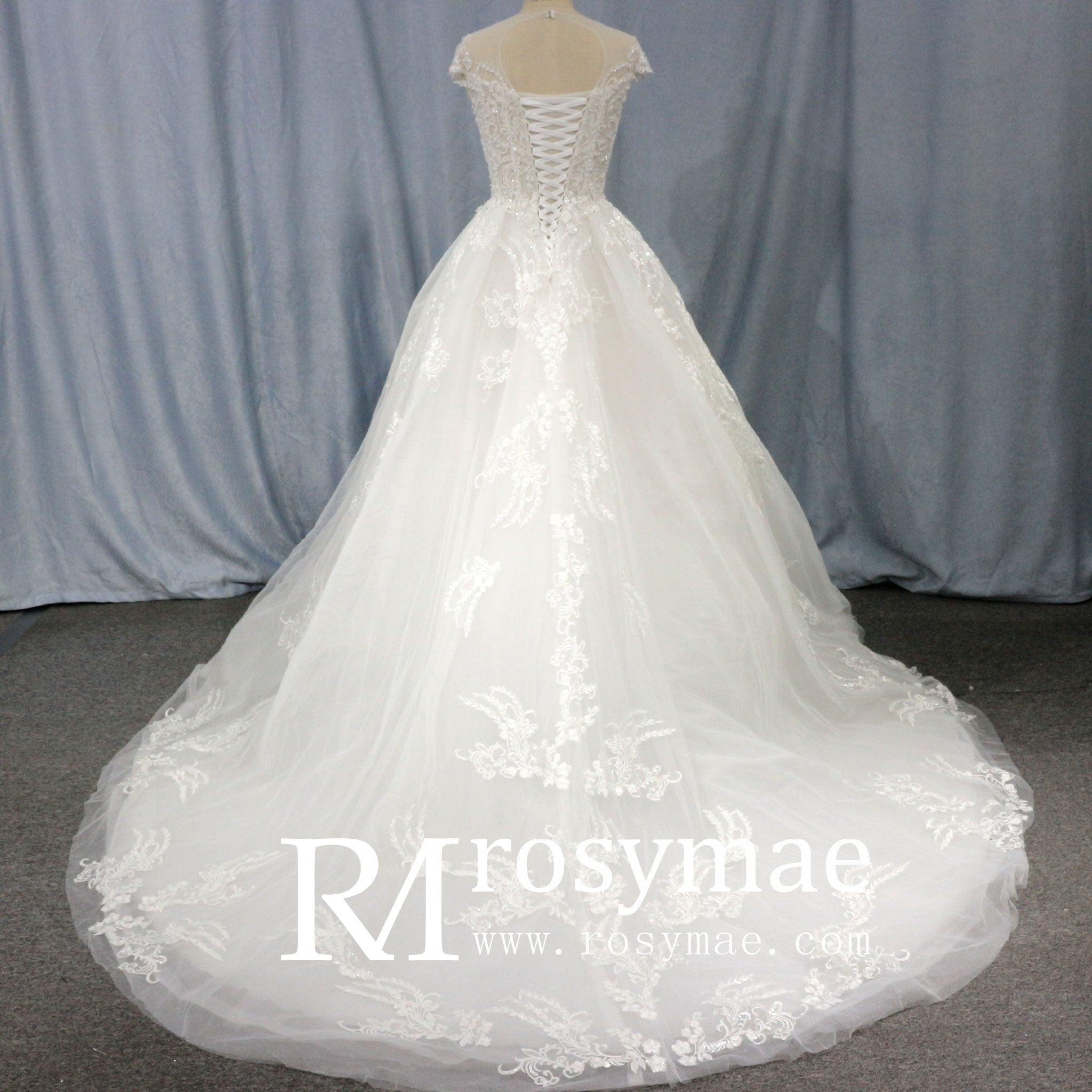 Modest Lace Ball Gown Wedding Dress with Cap Sleeves - Rosymae