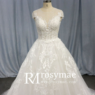 Modest Lace Ball Gown Wedding Dress with Cap Sleeves - Rosymae