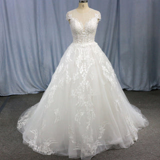 Modest Lace Ball Gown Wedding Dress with Cap Sleeves - Rosymae