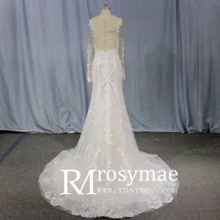 Modest Lace Bridal Gowns Long Sleeve Champagne Wedding Dress - Rosymae