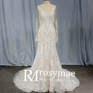 Modest Lace Bridal Gowns Long Sleeve Champagne Wedding Dress - Rosymae
